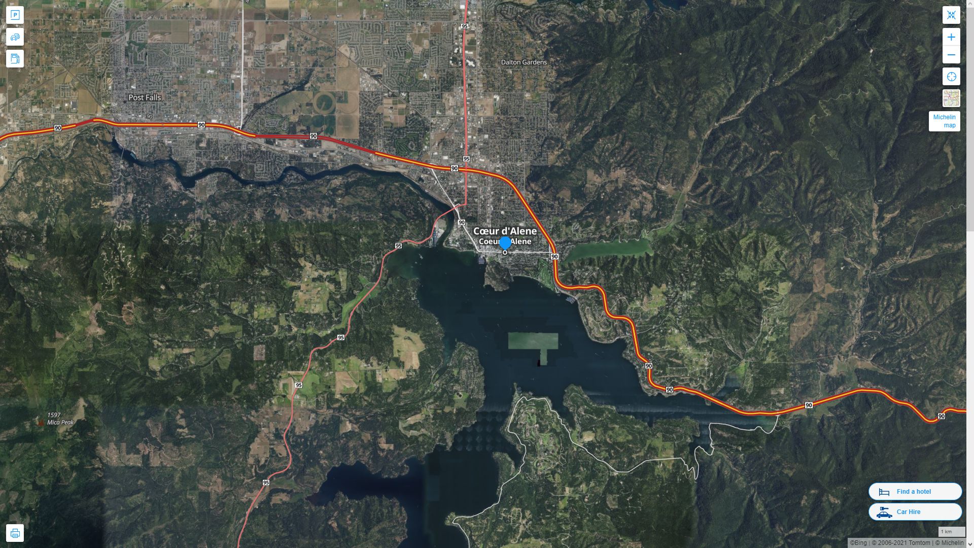 Coeur d'Alene idaho Highway and Road Map with Satellite View